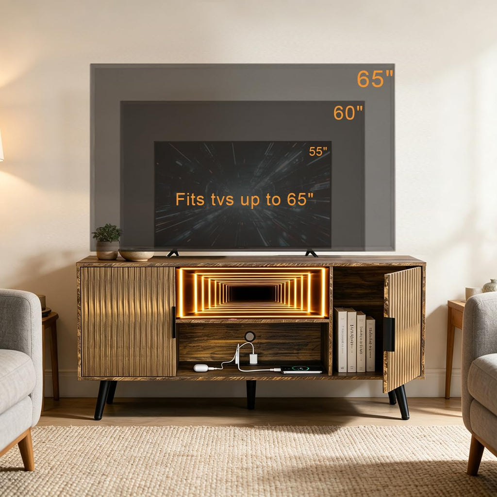 55" Fluted Small Amber TV Stand with Outlet & Fireplace Light