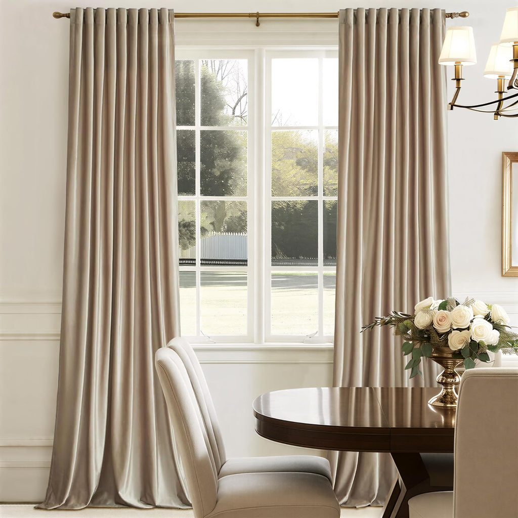 Full Blackout Champagne Beige Velvet Curtains 120 inch Long, Set of 2 Liner Rod Pocket Back Tab Thermal Window
