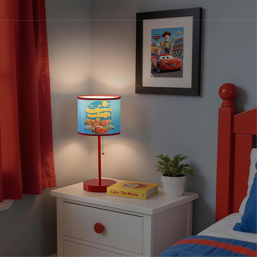 Table Lamp for Kids, Stick Lamp with Printed Shade & Pull Chain, Bedroom or Nursery Nightstand Lighting,Cars