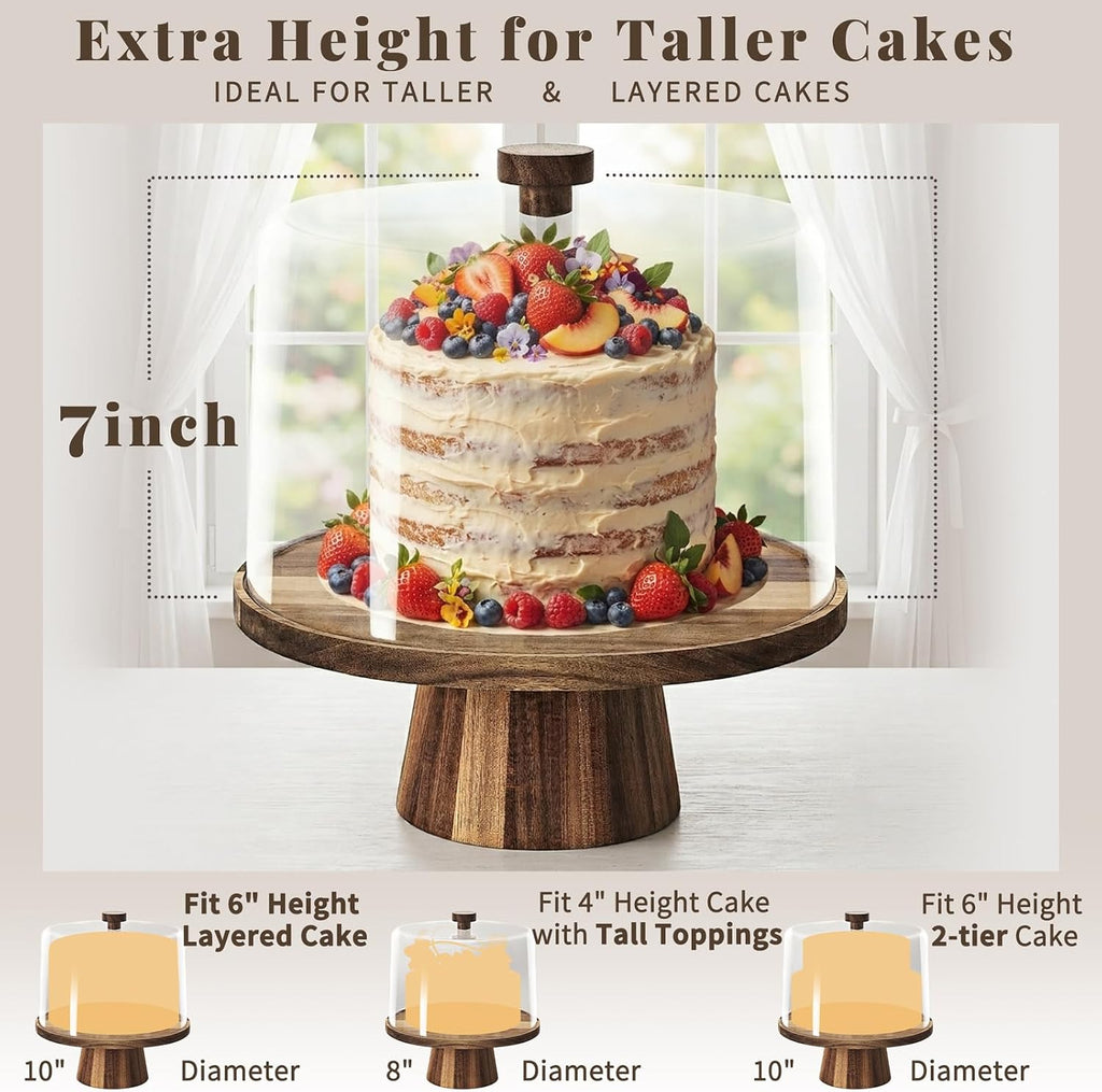 3-in-1 Acacia Wood 11 inch Cake Stand with Tall Acrylic Lid