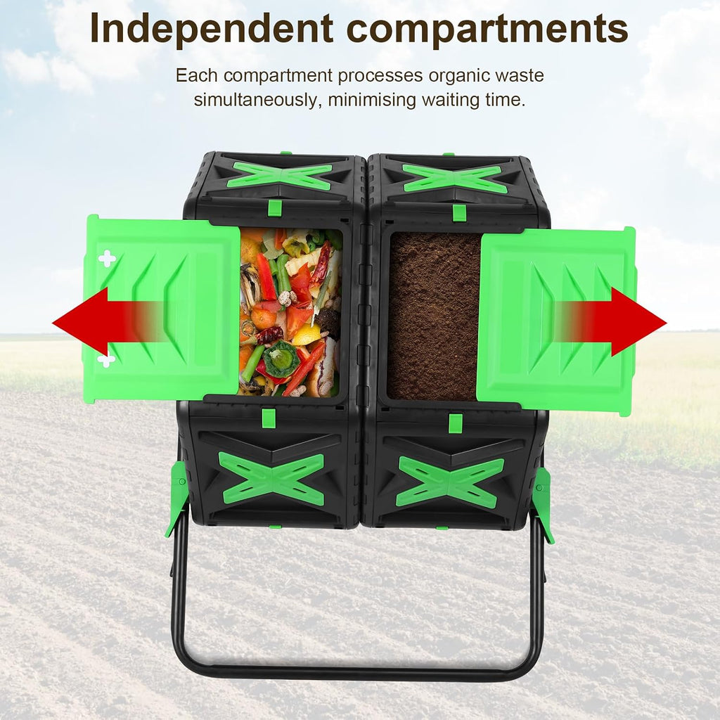 140L Dual Chamber Heavy Duty Tumbling Composter w Sliding Door 360° | 140L dual chamber outdoor tumbler with sliding
