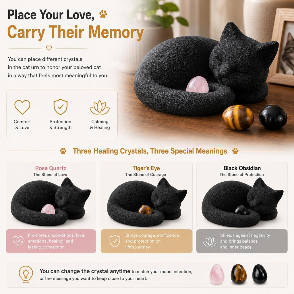 Black Cat Urn for Ashes with Crystal Stones Memorial Keepsake