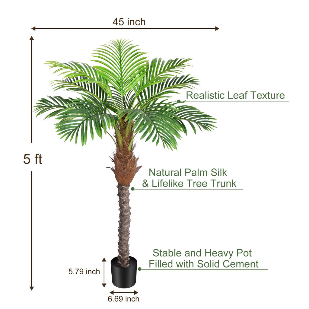 5ft Artificial Phoenix Palm Tree for Outdoor Indoor Decor, Faux Coconut Silk Palm Tree Tropical Fake Tree Plant for
