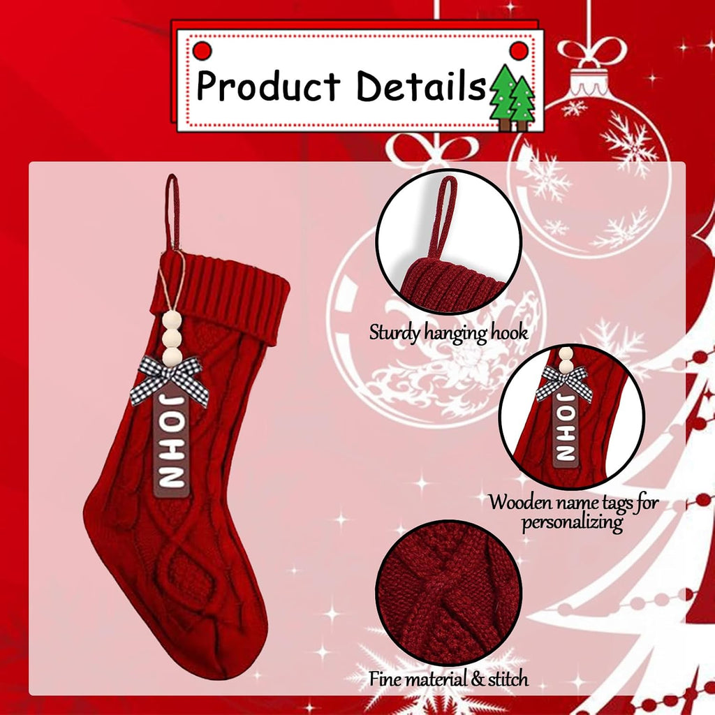 With Wooden Name Tags, 18" Xmas Cable Knitted Stocking - Holiday Hanging Decor Gifts for Family Party - Set of 6
