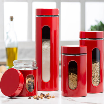 Quality Modern Red Stainless Steel Canister Set Counter with Glass Window & Airtight Lid - Food Storage Containers