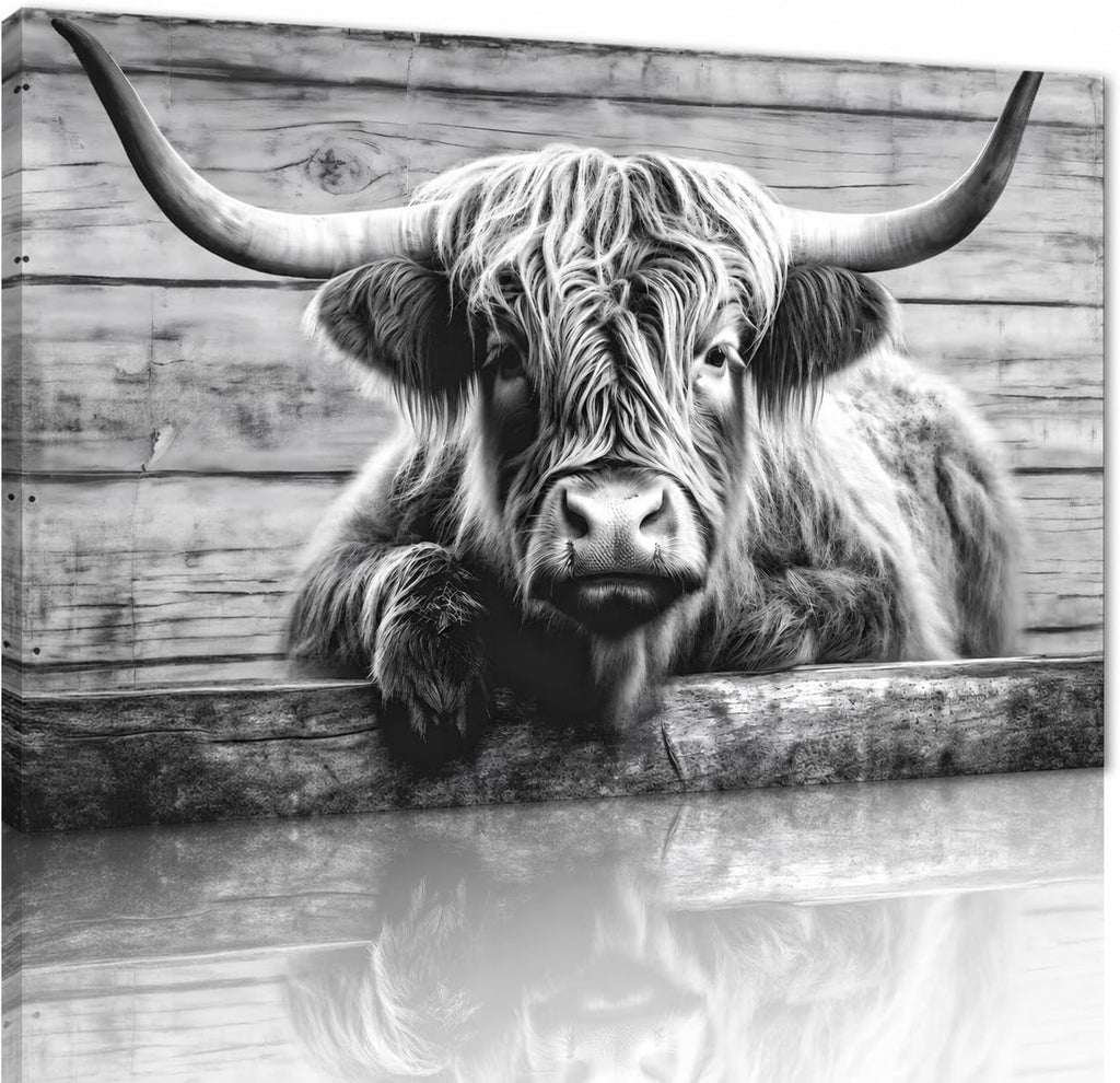 Large Highland Cow Canvas Wall Art Black and White Pasture Hairy Cow Pictures Vintage Wooden Panel Background Cow