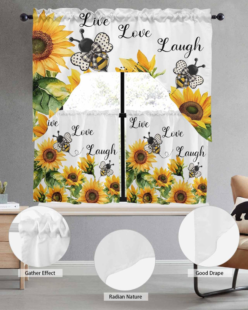 Sunflower Bee Swag Kitchen Curtains Valance and Tier Set 24 Inch Length, Vintage Yellow Floral Farmhouse Watercolor