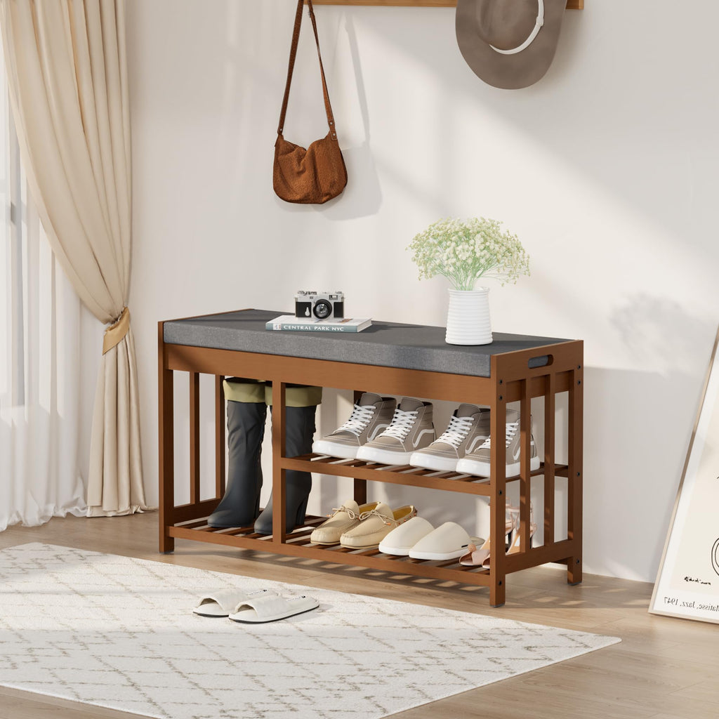 Shoe Rack Bench, Bamboo Shoe Storage Bench with Cushion
