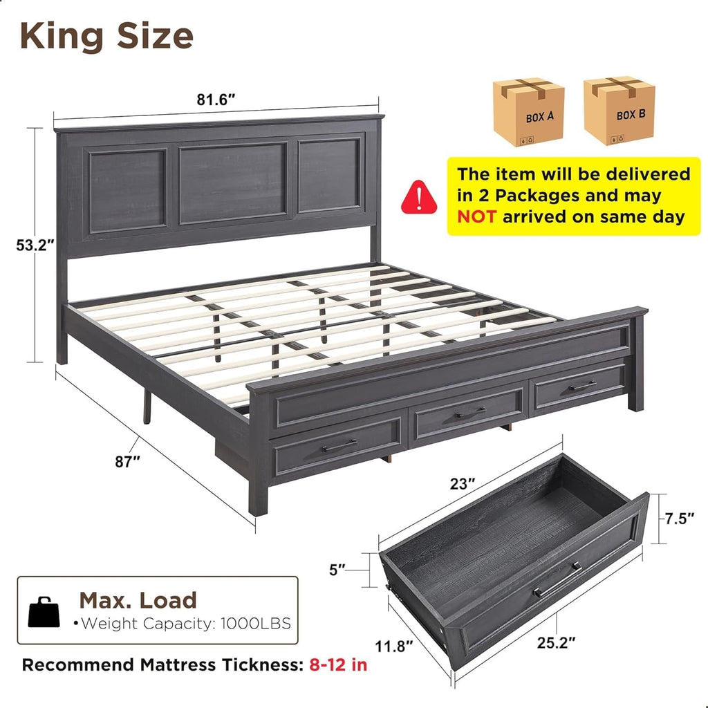 Farmhouse King Bed Frame with 52" Tall Headboard, Wood Platform Bedframe with Footboard and Storage Drawers, No