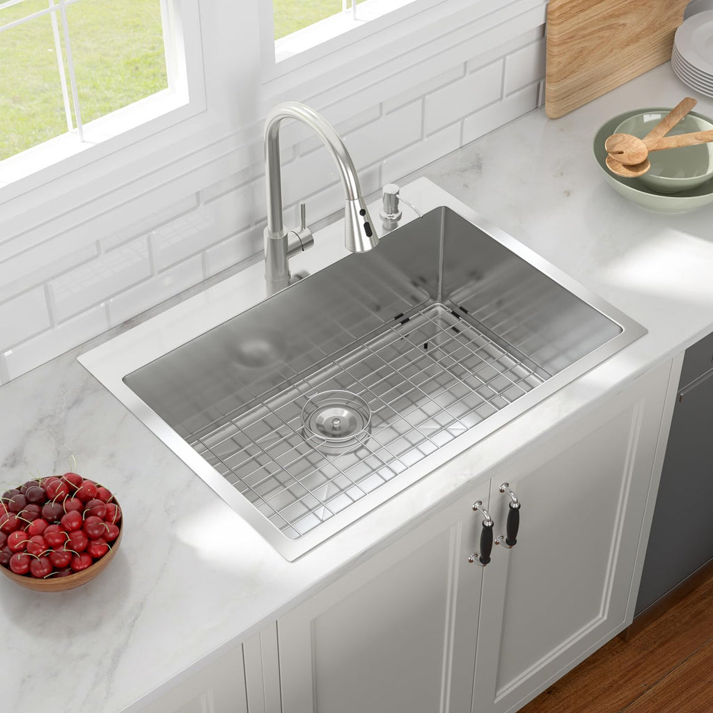 30x22 Inch Drop Sink with Pull-Out Faucet Combo Handmade Large Single Bowl 16 Gauge T304 Stainless Steel Modern Deep
