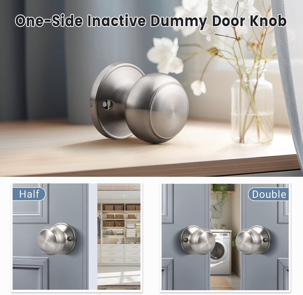 2 Pack Brushed Nickel Dummy Door Knob, Single Sided Handle for Closets, French Double Doors, and Pantry, Satin Nickel