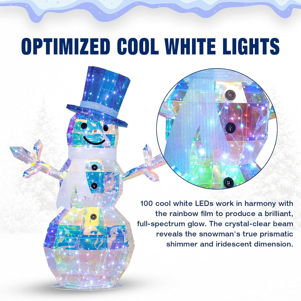 4 FT 2.5D Iridescent Prismatic Lighted Snowman, Outdoor Christmas Snowman Decoration with 100 Cool White LED Lights