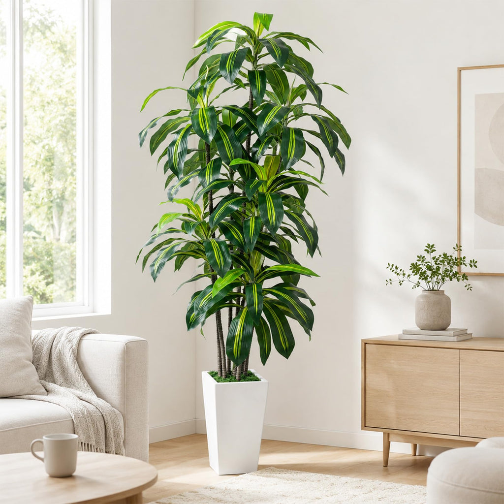 7FT Artificial Dracaena Tree, Fake Tree Indoor with White Tall Planter, Tall Artificial Plants Indoor, Artificial Silk