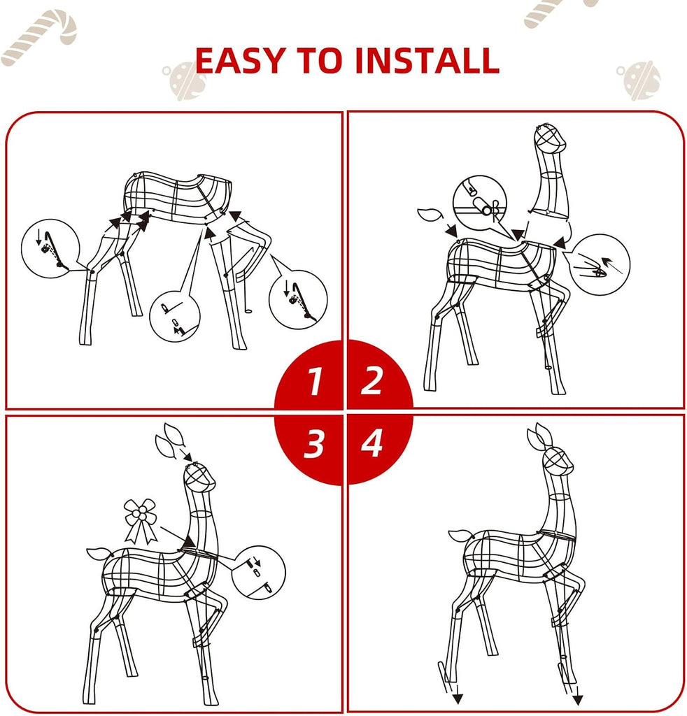 2-Piece Large Lighted Christmas Deer - Outdoor Yard Decoration Rattan Reindeer with 85 LED Lights, Stakes, Zip Ties