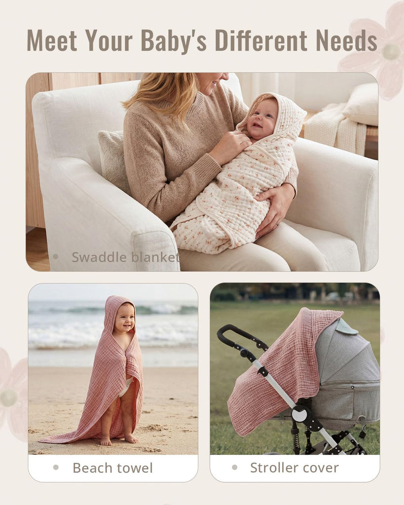 Muslin Baby Hooded Towel 2 Pack, Soft & Absorbent Bath Towel for Baby Girls, Infant Gift, Newborn Essentials, Pink