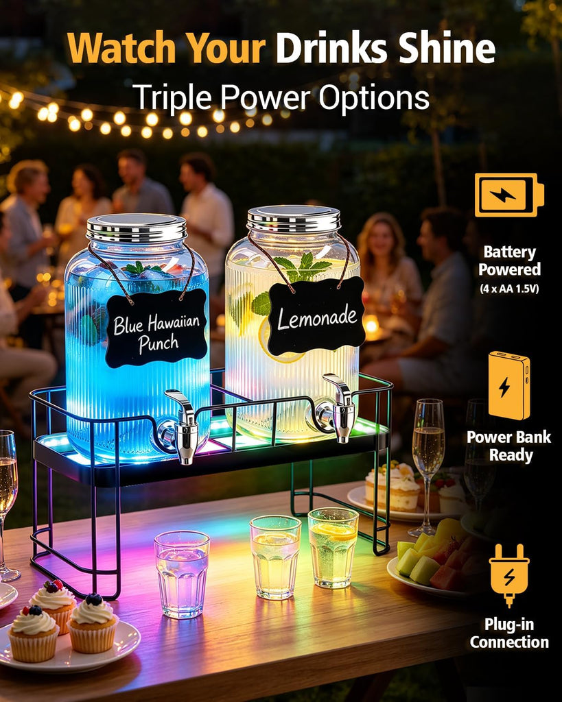 Drink Dispensers for Parties, 2 Pack 1 Gallon Glass Jars with LED Stand - Set of 2