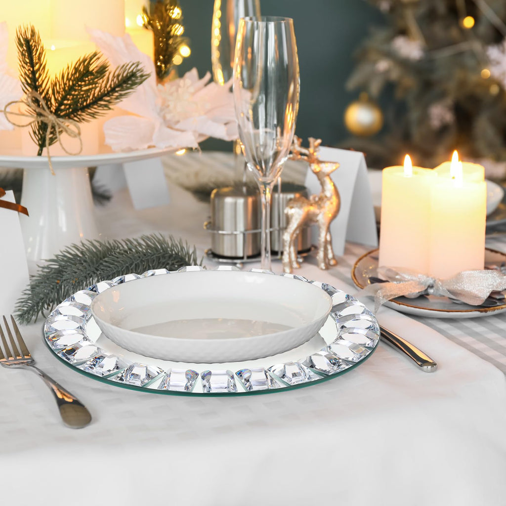 6 Pcs Silver Mirrored Glass Charger Plates, Square Diamond Rim