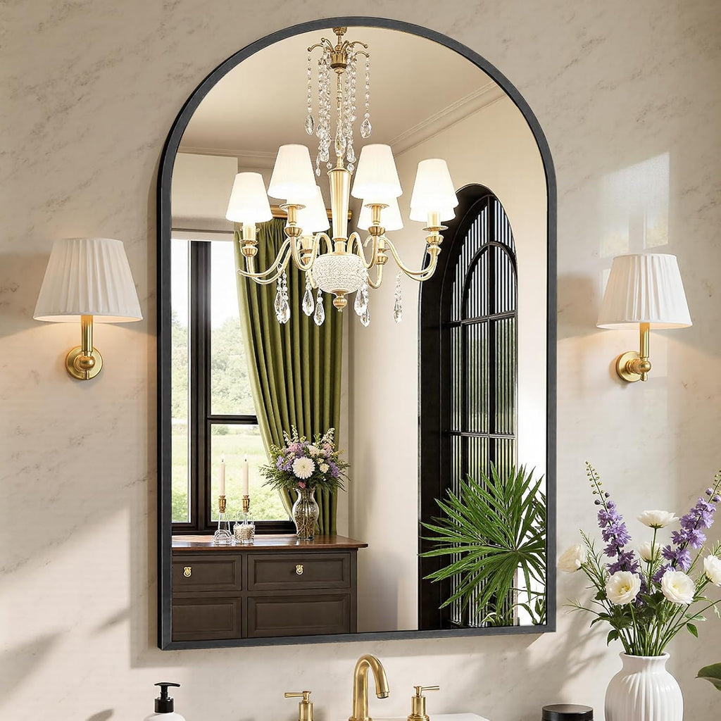 26"x38" Arch Black Bathroom Wall Mirror, Metal Frame Vanity Mirror