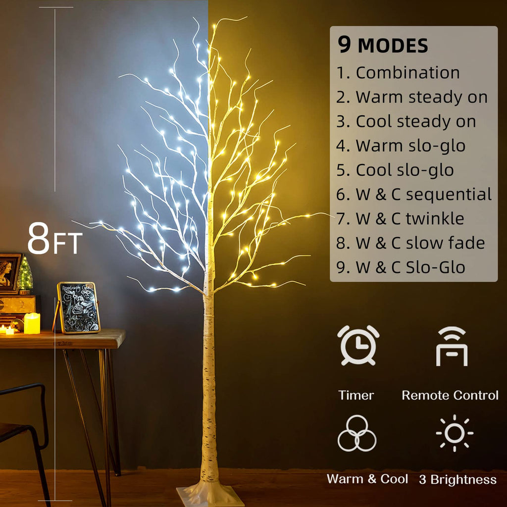 Lighted Birch Tree, 8ft Birch Tree Lights, Large Artificial Twig Tree Light 9Modes Timer for Indoor Outdoor