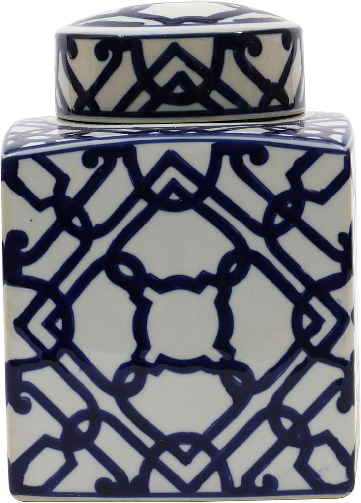 Decorative Square Ceramic Ginger Jar with Lid, Blue and White Geometric Fretwork