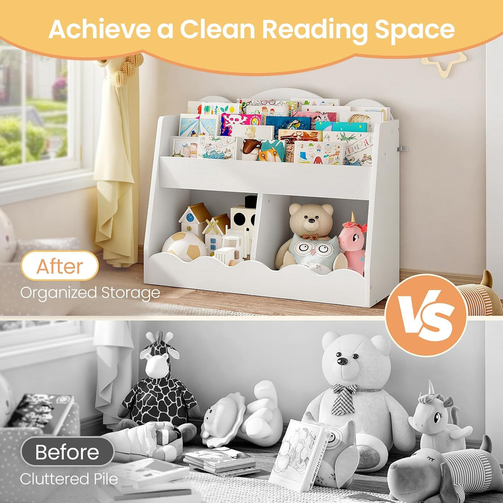 Kids Bookshelf and Toy Storage, Children's Bookcase with 2 Toy Cubes, Toddler Book Shelf for Kids Room, Wooden Book