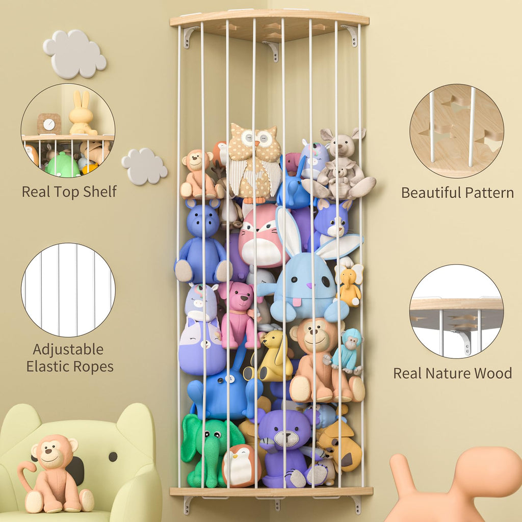 Stuffed Animal Storage Wood Corner Plush Toys Holder with Star Pattern, Length Adjustable Hanging Stuffed Animal Toy