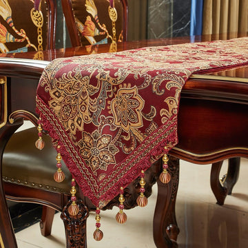 Luxury Vintage Table Runners 72 inches Long Embroidery Jacquard Fabric with Multi-Tassels Table Runners Dresser