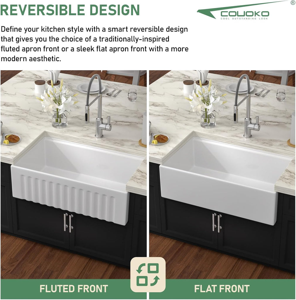 33" White Fireclay Farmhouse Sink Workstation | Reversible Apron Front, Single Bowl, Engineered with Sloped Bottom