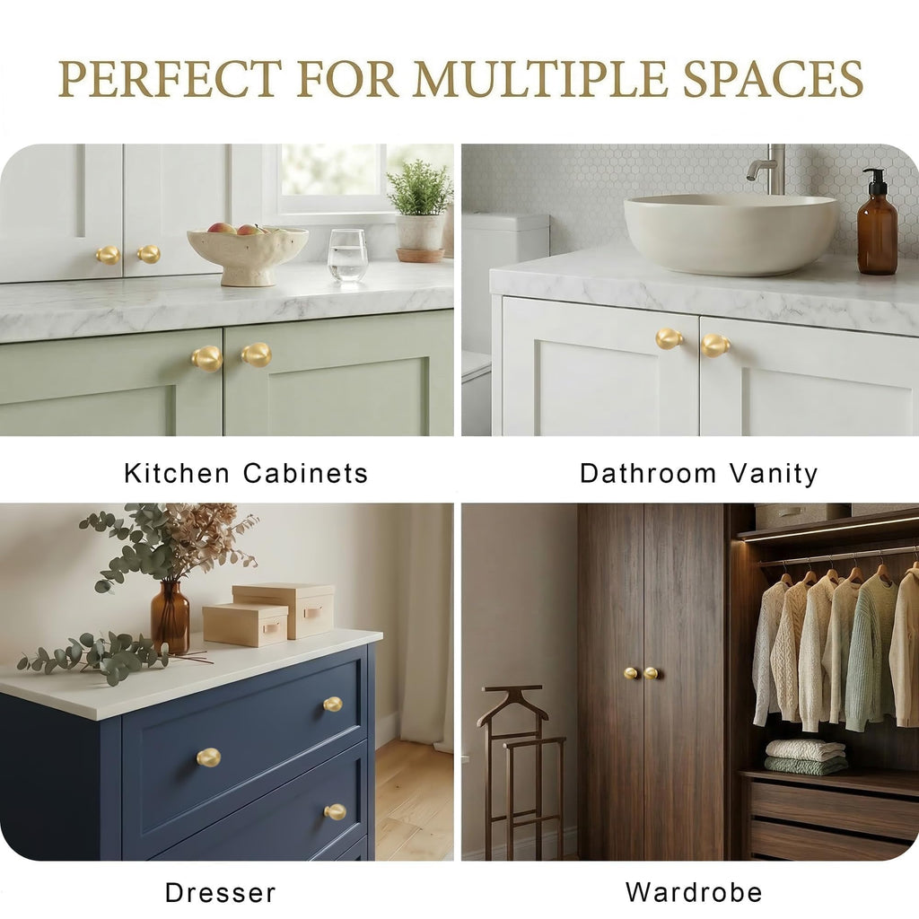 Brushed Brass Cabinet Knobs, Solid Brass Drawer 1-1/8"