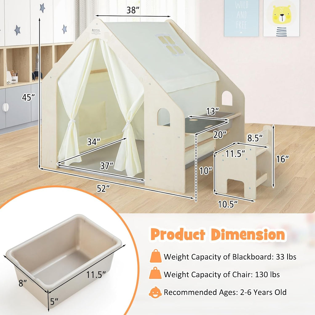Kids Tent, in-1 Wooden Frame Play House with Table and Chair Set, Blackboard, Side Storage Bag & Soft Floor Mat