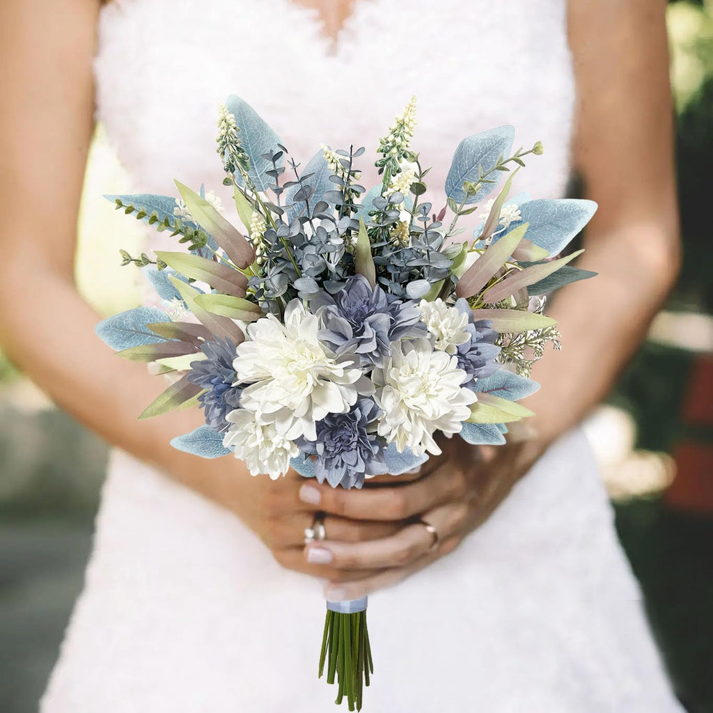 Blue White Fake Artificial Flowers Bouquet, Silk Floral Arrangements - Set of 11