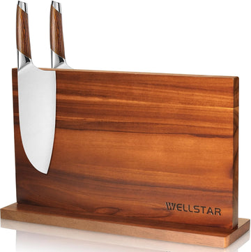 Extra Large Acacia Magnetic Knife Block 16x10 Inches, Dual-Sided Wood Stand | Strong Magnet Knife Holder, Luxurious