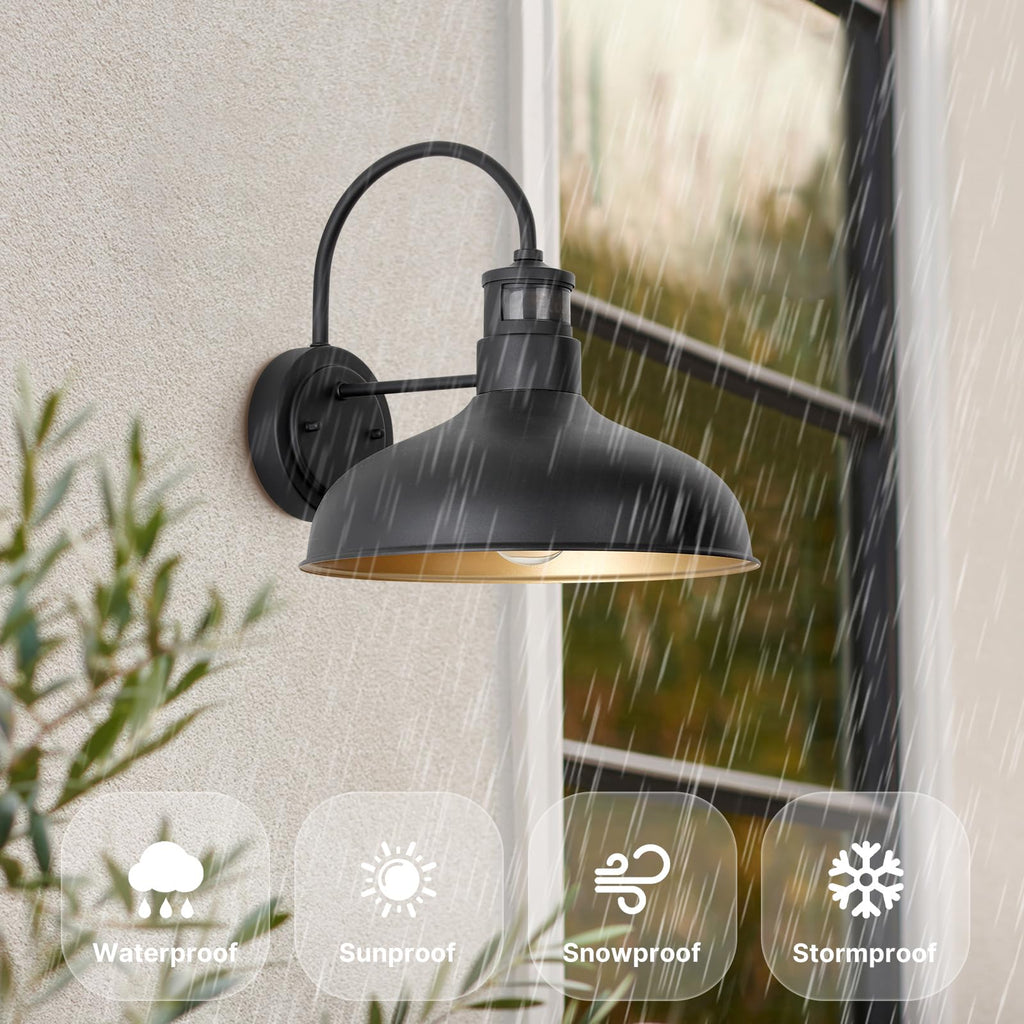12 Inch Motion Sensor Outdoor Gooseneck Lighting, Dusk to Dawn Black Exterior Barn Wall Mount Lights, 2 Pack