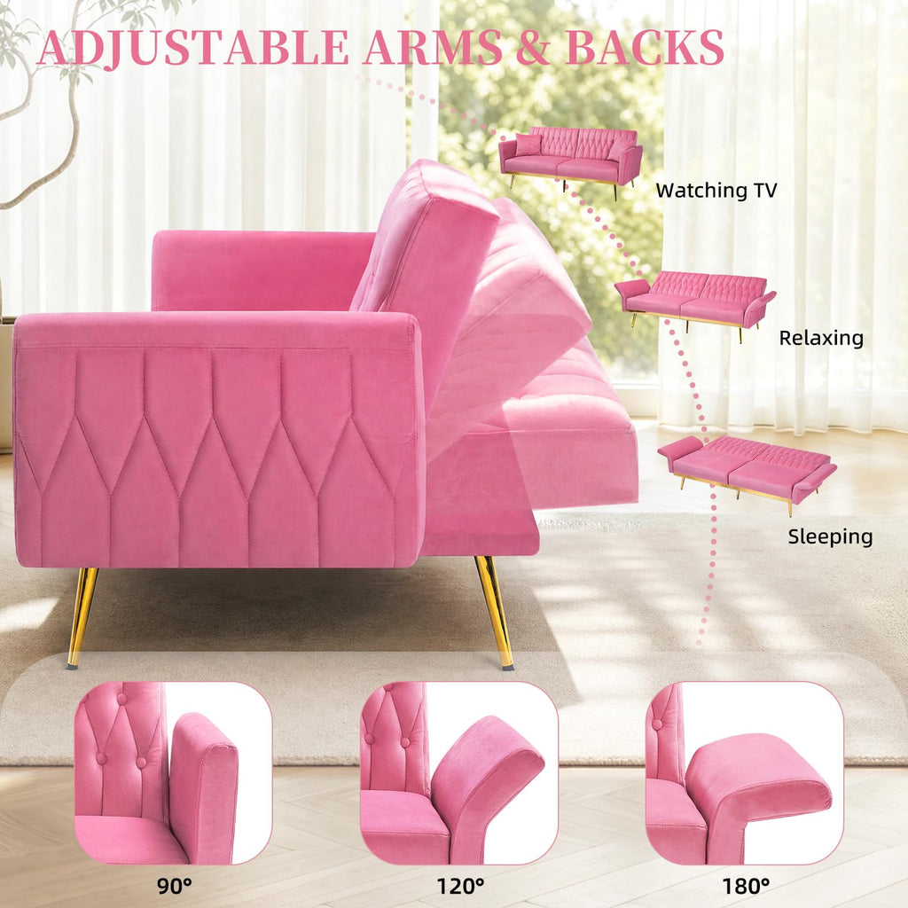 70" Futon Sofa Bed w/Adjustable Armrests, Pink