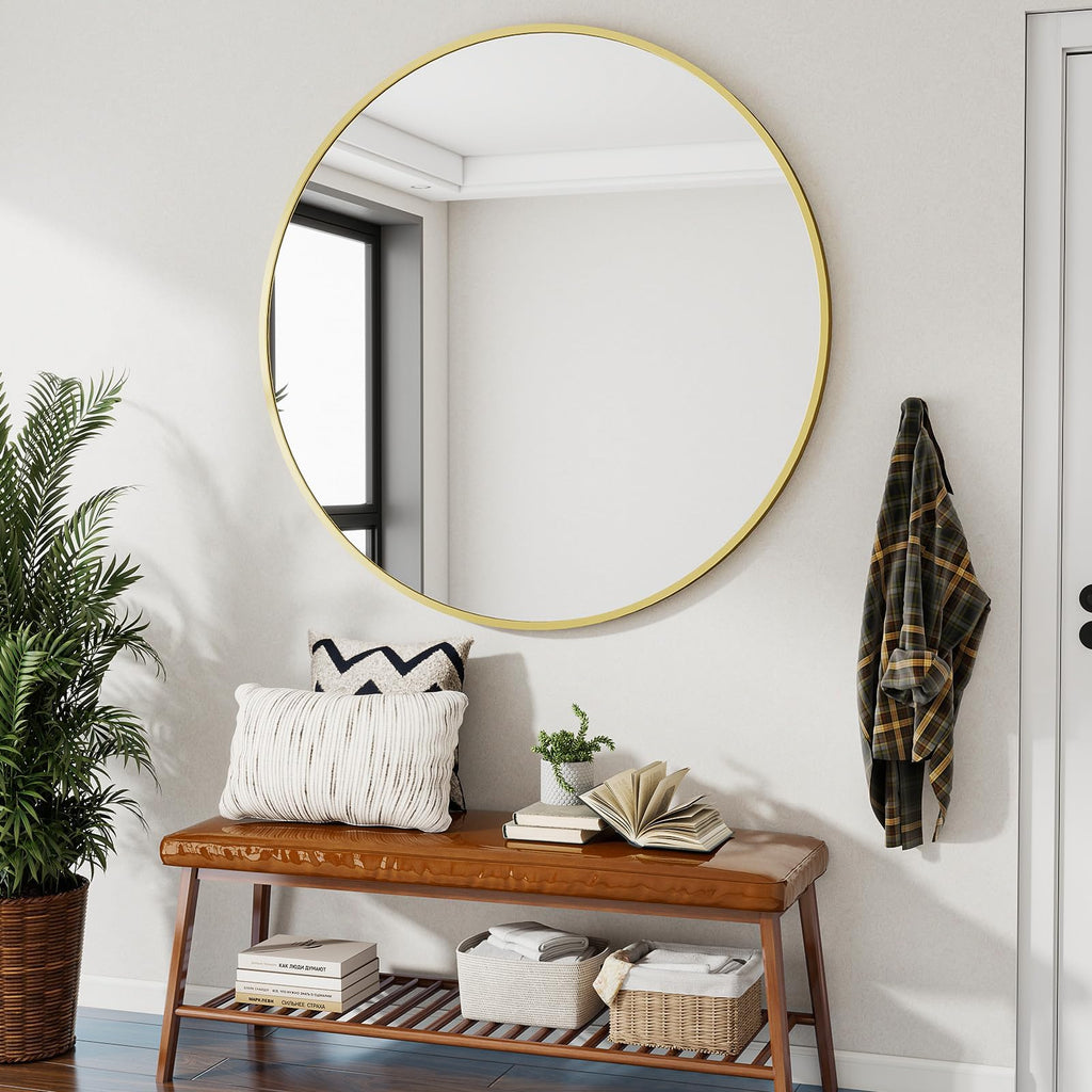 Large Gold Round Bathroom Mirror 48" with Thin Metal Frame