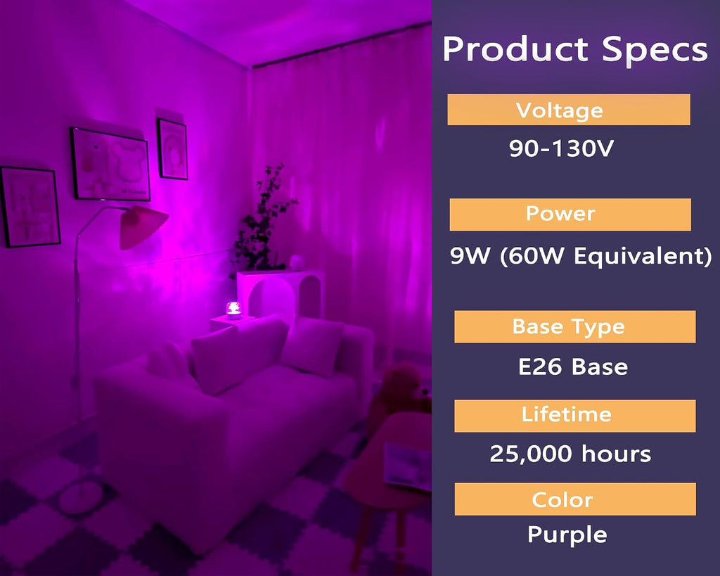 LED Purple Light Bulbs, A19 9W(60W Equivalent), E26 Base for Party