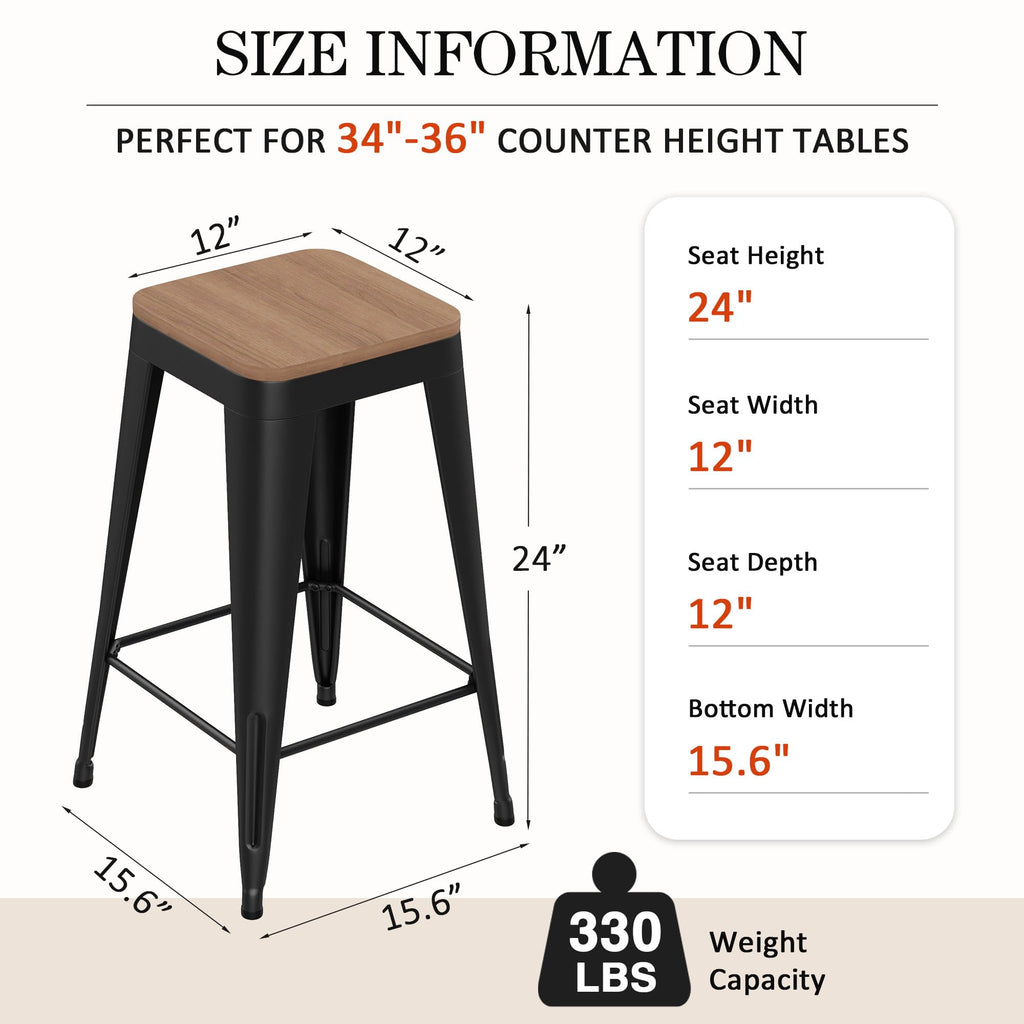24" Metal Bar Stools Set of 4 Black Counter Height Stools with Wood Seat Stackable Backless Industrial Style Stools