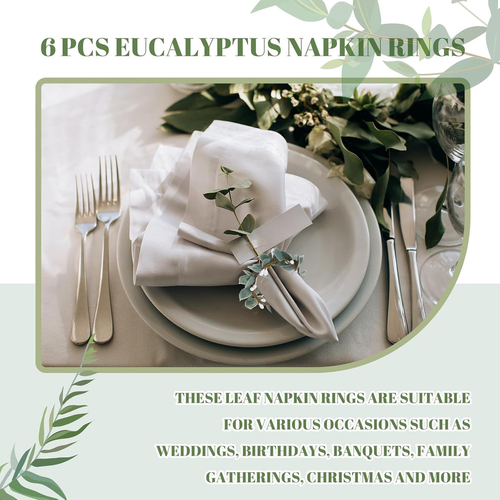 Eucalyptus Napkin Rings Rustic Farmhouse Greenery Leaf Napkin Ring Holders for Wedding, Thanksgiving, Christmas - Set of 6