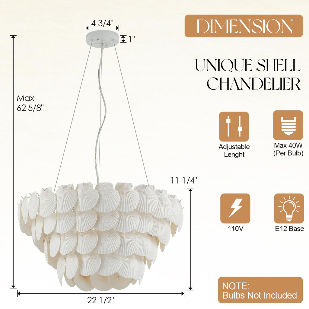 Dia 22.5 inche, 7-Light Natural Shell Chandelier for Foyer, Coastal Dining Room Light, Large Pendant Chandelier