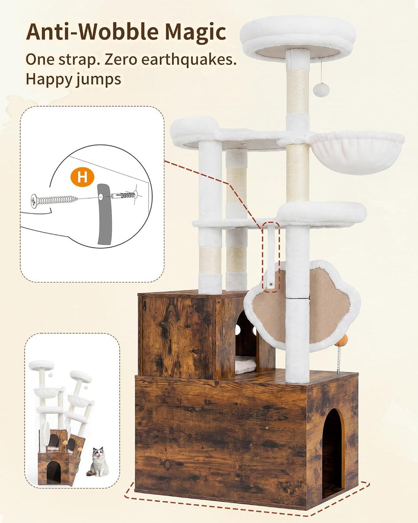Cat Tree with Litter Box Enclosure, Modern 64" Hidden Tower