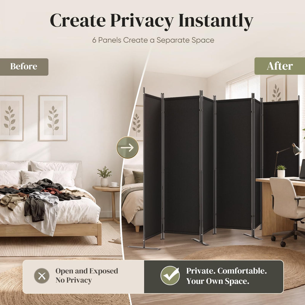 6 Panel Room Divider 6FT Tall Folding Privacy Screen, Black