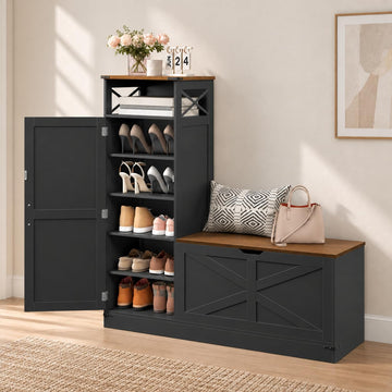 Shoe Cabinet with Bench, L-Shaped Shoe Bench, Storage Bench, Farmhouse Shoe Storage Cabinet with Adjustable Shelves