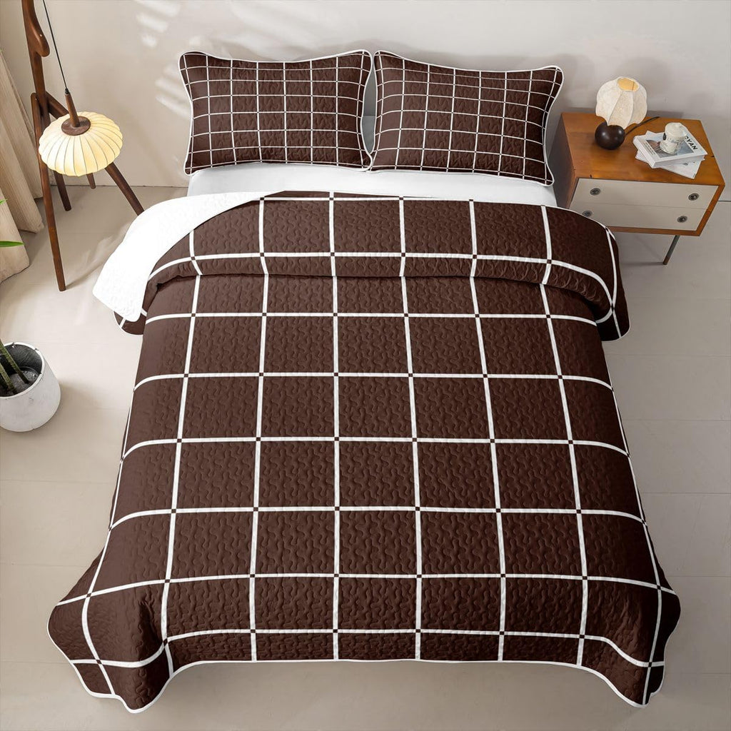 Plaid Quilt Set Brown Grid Checkered Bedspread Set, Farmhouse Buffalo Gingham Soft Lightweight Quilted Geometric