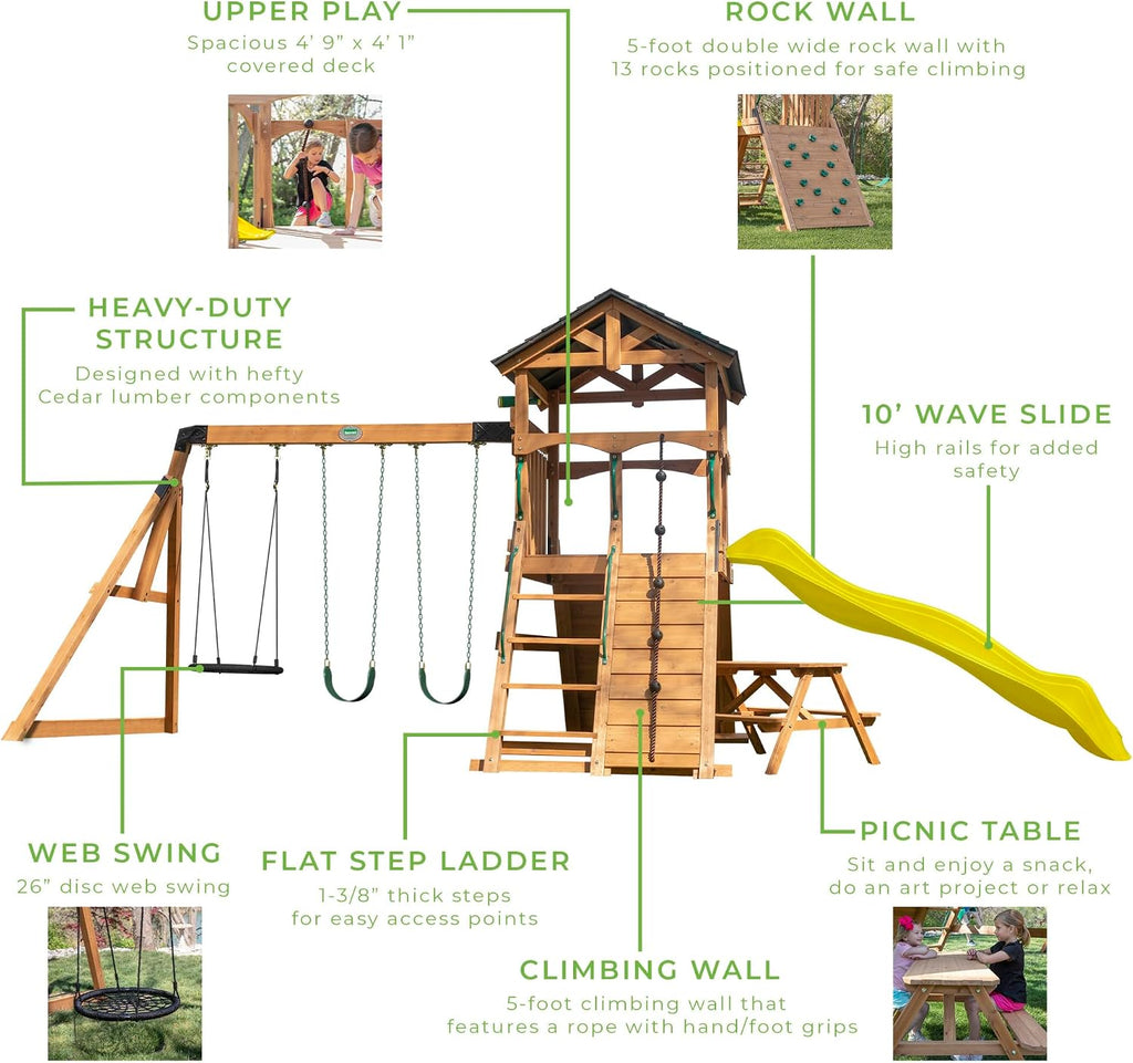 Endeavor II Cedar Wood Swing Set with Wave Slide, Play Deck, Double Rock Wall, Picnic Table, Climbing Wall, Belt