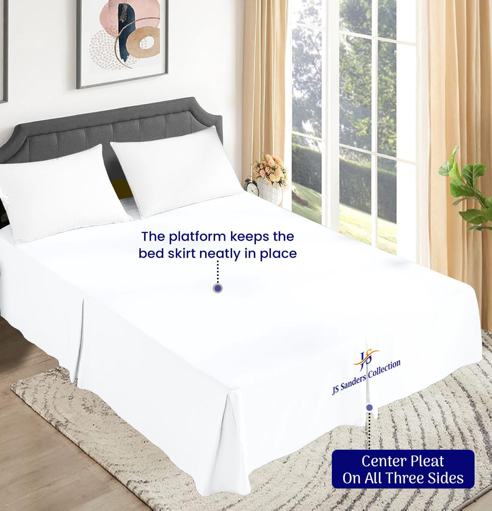 King Bed Skirt 16inch Drop Pleated Design Split Corners White