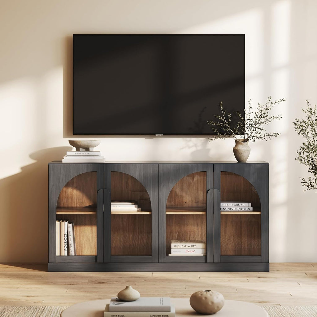 Bijou 64" Arched Glass Door Sideboard, Accent Buffet Cabinet with Storage and Adjustable Shelves, Classic Modern