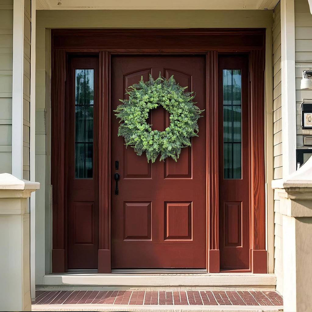 26" Artificial Eucalyptus & Boston Ferns Wreath for Front Door (Gray-Green)