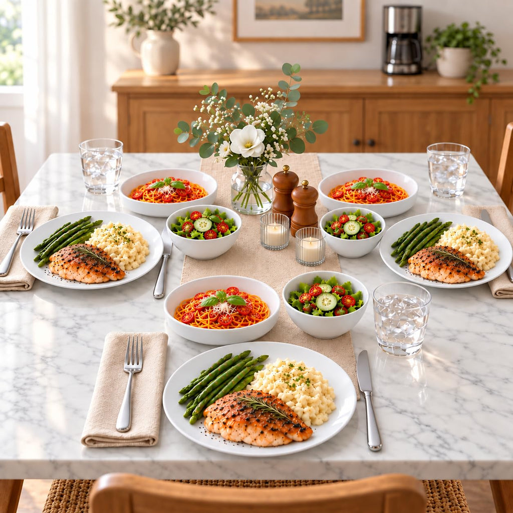 Porcelain Dinnerware Set for 4, Lightweight White New Bone China Plates and Bowls, 10" Dinner Plates, 8"