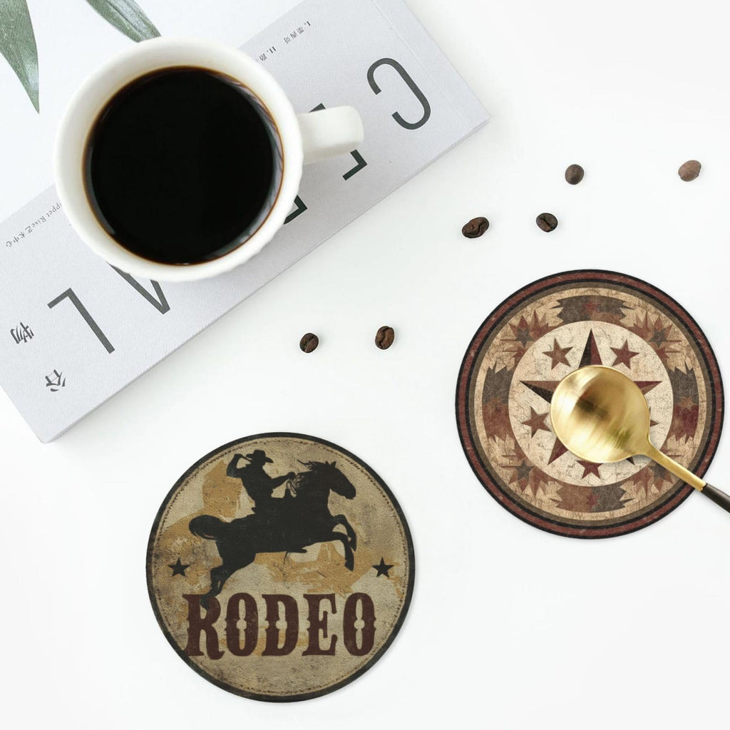 Western Coasters for Drinks with Holder Round Leather Coasters Set of 6 Cups Mugs Mat Pad Kitchen Bar