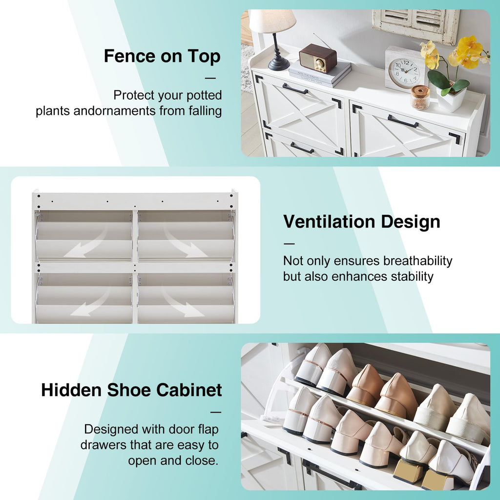 Shoe Storage Cabinet, Farmhouse Shoe Organizer with 4 Flip Drawers & Barn Door Design, Freestanding Hidden Slim Narrow
